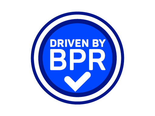 BPR signet with white letters on a blue circle with a white background.