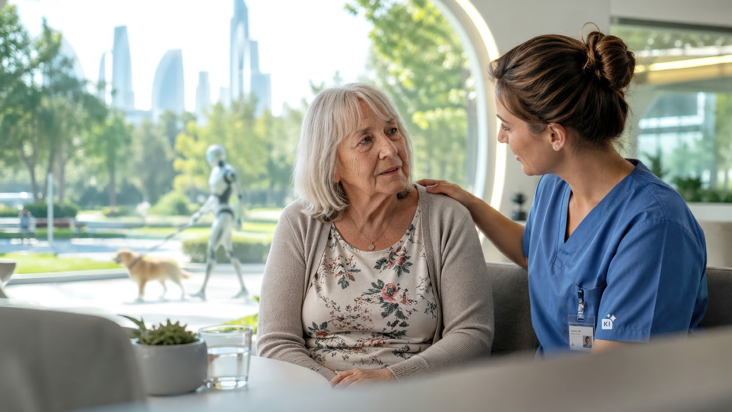 Older woman talking to a younger woman with a blue kasak sitting togehter with a glass of water on a table. Background situation slightly blurry.