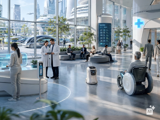 Futuristic looking hall of a building with different persons standing, sitting, talking and robotic-looking items.
