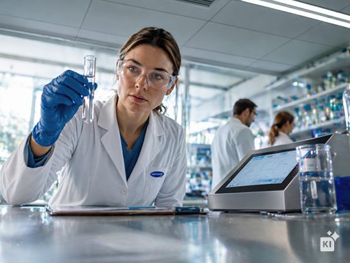 Woman holding a test tube, wearing gloves, goggles and a white lab coat, background slightly blurry lab room.