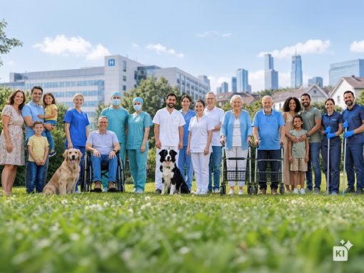 Row of different people with different ages and skin-colour together with dogs standing on grass with high buildings in the background and a blue sky.
